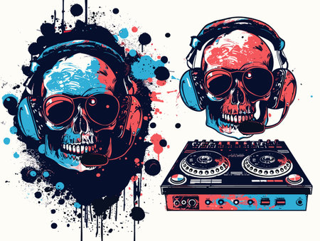 Skulls with headphones and dj mixer on grunge background. Vector illustrationのイラスト素材