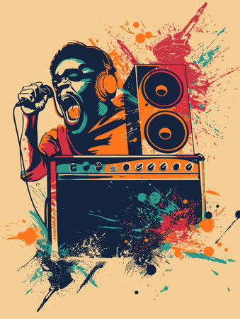 DJ with headphones and mixer on grunge background. Vector illustration.のイラスト素材