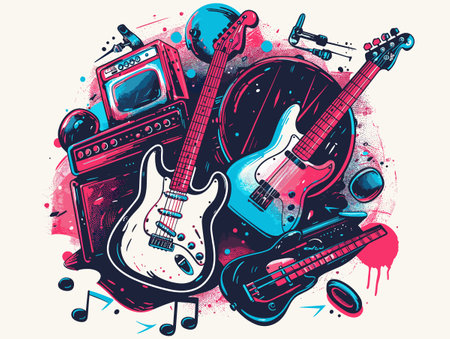 Grunge music background with electric guitars and musical instruments. Vector illustration.のイラスト素材