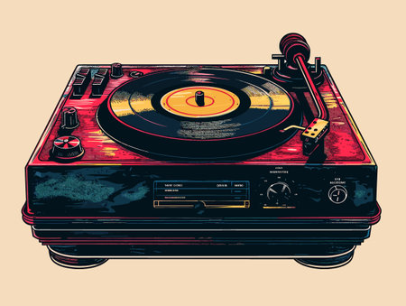 Retro turntable with vinyl record. Vector illustration in vintage style.のイラスト素材