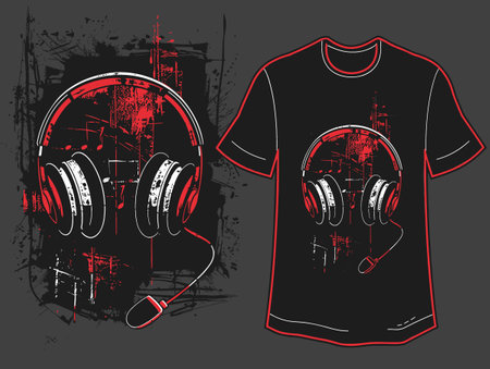 T-shirt print design with headphones on black background. Vector illustration.のイラスト素材