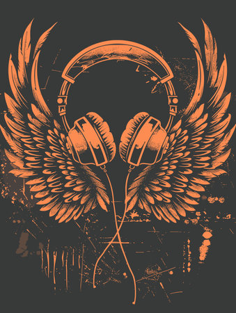 Vector illustration of headphones with wings on grunge background. Music conceptのイラスト素材