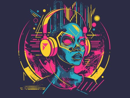 Vector illustration of a female robot with headphones in the style of the 80s.のイラスト素材