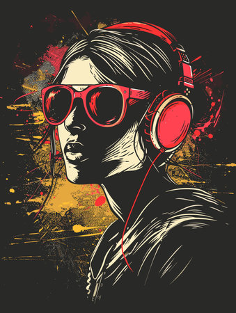 Hipster girl with headphones on grunge background. Vector illustration.のイラスト素材