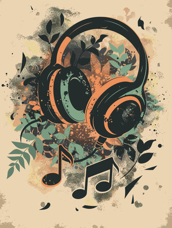 Music background with headphones and notes. Grunge vector illustration.のイラスト素材