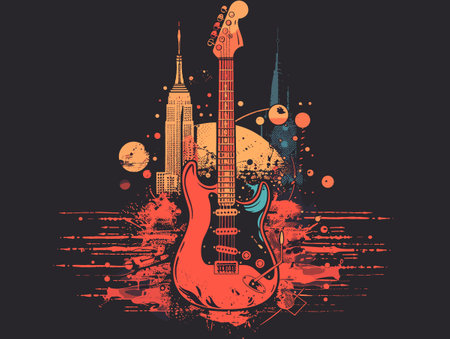 Guitar and city on grunge background. Vector illustration.のイラスト素材