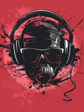 Grunge Headphones with skull on grunge background. Vector illustration.のイラスト素材