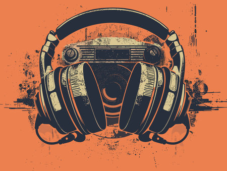 Vector illustration of headphones and radio. Grunge background for design.のイラスト素材
