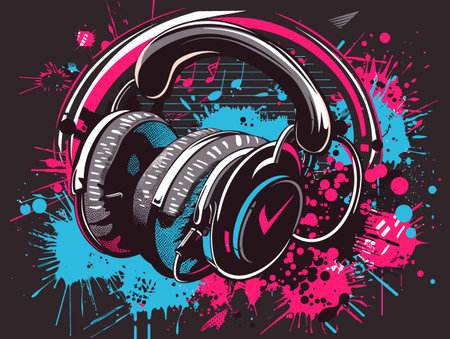 Headphones and colorful splashes on black background. Vector illustration.のイラスト素材