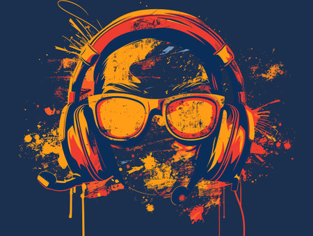 Headphones with headphones on grunge background with splashes. Vector illustration.のイラスト素材
