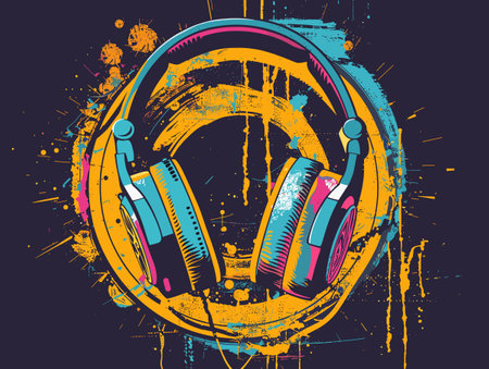 Headphones with graphic elements on grunge background. Vector illustration.のイラスト素材