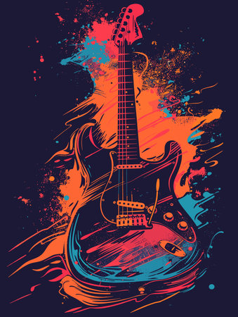 Guitar on a grunge background with splashes. Vector illustrationのイラスト素材