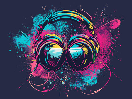 Headphones with colorful splashes on dark background. Vector illustration.のイラスト素材
