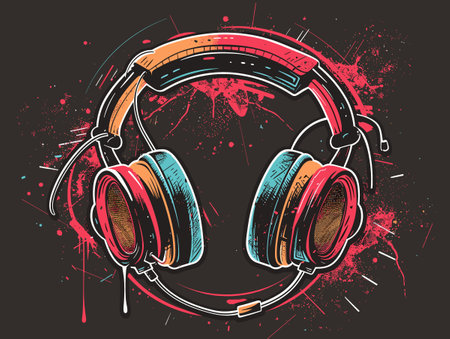 Headphones with grunge splashes. Hand drawn vector illustration.のイラスト素材