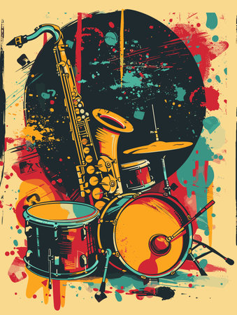 Musical background with saxophone and drum set. Vector illustration.のイラスト素材