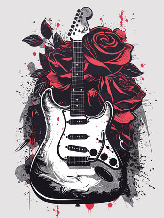 Grunge guitar and roses on grunge background. Vector illustration.のイラスト素材