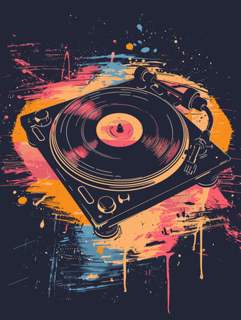 Retro turntable on grunge background. Vector illustration.のイラスト素材