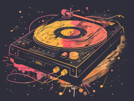Vintage turntable with vinyl record on grunge background. Vector illustration.のイラスト素材