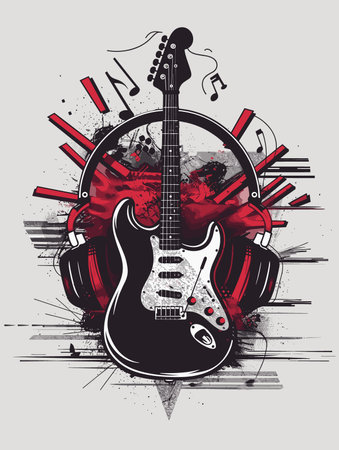 Guitar with headphones on grunge background. Vector illustration.のイラスト素材