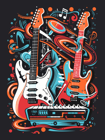 Colorful vector illustration of electric guitar with musical notes on dark backgroundのイラスト素材