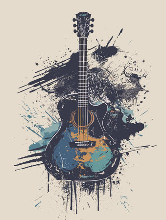 Guitar on grunge background. Hand drawn vector illustration.のイラスト素材
