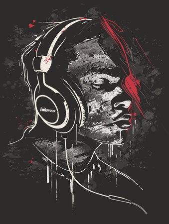 African American woman listening to music with headphones. Vector illustration.のイラスト素材