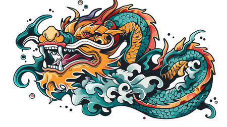 A dragon with a mouth open and teeth showing. The dragon is orange and blue. The background is whiteのイラスト素材