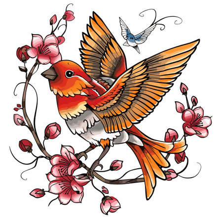 A bird with orange wings is flying over a pink flower bush. The bird is surrounded by pink flowers and branches, creating a serene and peaceful atmosphereのイラスト素材