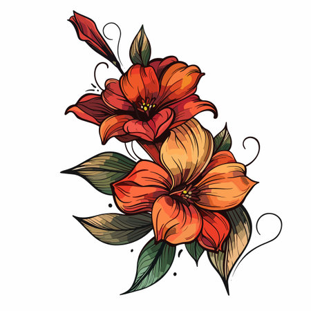 A drawing of two orange flowers with green leaves. The flowers are in the center of the image and the leaves are on the left and right sidesのイラスト素材