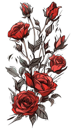 A bouquet of red roses with leaves. Scene is one of beauty and eleganceのイラスト素材