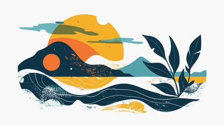 Abstract landscape with mountains, sun, sea and leaves. Vector illustrationのイラスト素材