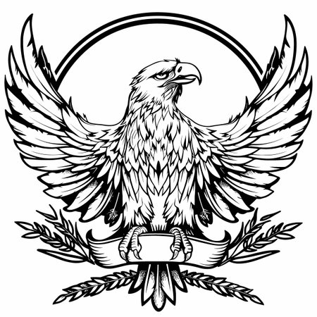 The eagle is sitting on a ribbon with a circle in the background. The eagle is the main focus of the imageのイラスト素材
