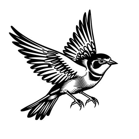 A bird with its wings spread out in the air. The bird is black and whiteのイラスト素材