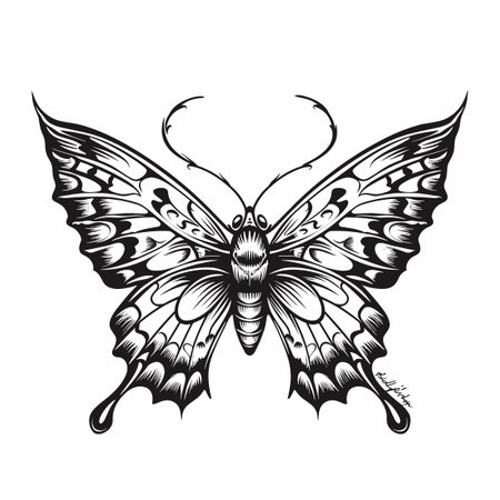 A black and white butterfly with a white spot on its wing. The butterfly is drawn in a very detailed and realistic styleのイラスト素材