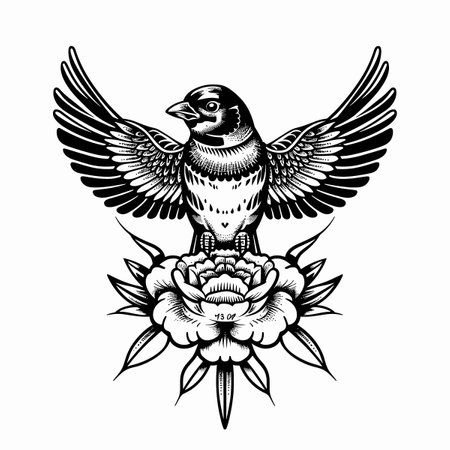 A bird is perched on a branch with flowers in the background. The bird is small and white, and the flowers are pink. The image has a peaceful and serene mood, with the birdのイラスト素材