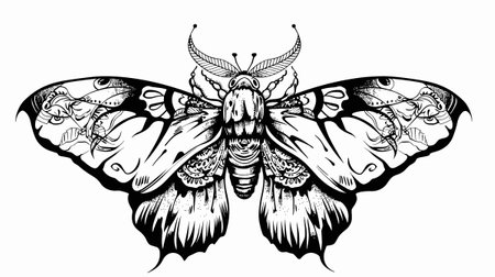 A black and white butterfly with a white spot on its wing. The butterfly is drawn in a very detailed and realistic styleのイラスト素材