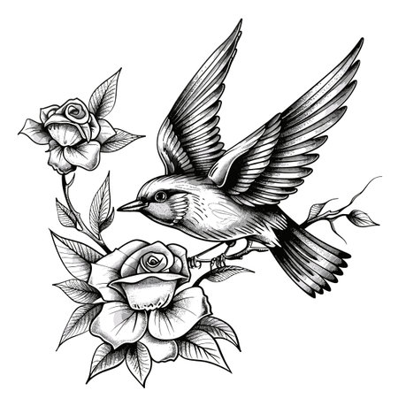 A bird is perched on a branch with flowers in the background. The bird is small and white, and the flowers are pink. The image has a peaceful and serene mood, with the birdのイラスト素材