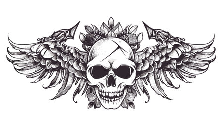 vector illustration of a tattoo of a skull with wings on a white backgroundのイラスト素材