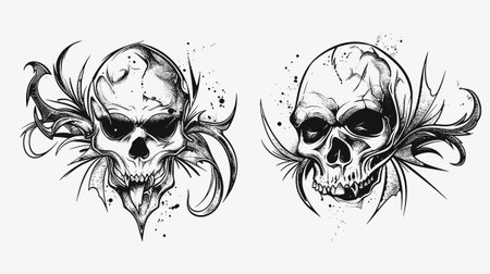 abstract vector illustration black and white skull tattooのイラスト素材