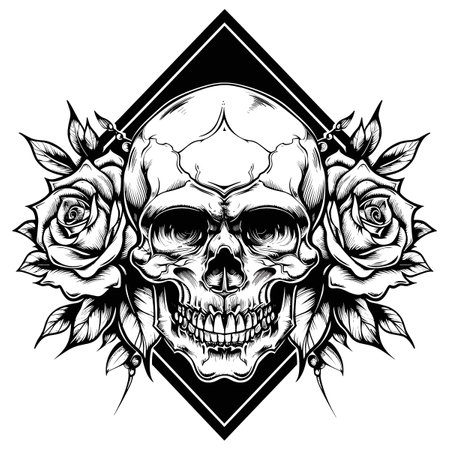 black and white Vector illustration of a skull with flowers tattooのイラスト素材