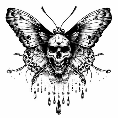 black and white tattoo of a skull with butterfly wings on a white background vector illustrationのイラスト素材