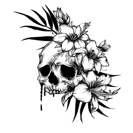 A skull with roses is drawn on a white background. The skull is surrounded by roses, which gives the image a romantic and eerie vibeのイラスト素材
