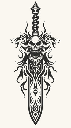 A sword with a skull on it. The sword is black and has a white tip. The skull is smiling and has a tongue sticking outのイラスト素材