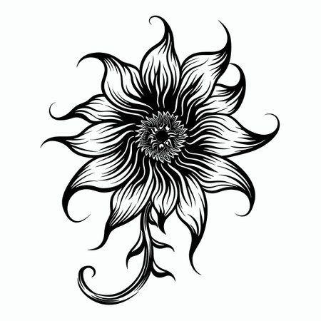 black and white vector illustration in tattoo style - a beautiful exotic flower on a white backgroundのイラスト素材