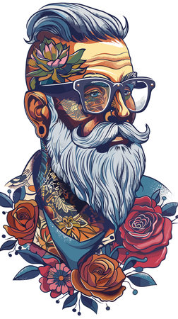 A man with a beard and glasses is wearing a shirt with a rose on it. He has tattoos on his neck and a mustacheのイラスト素材