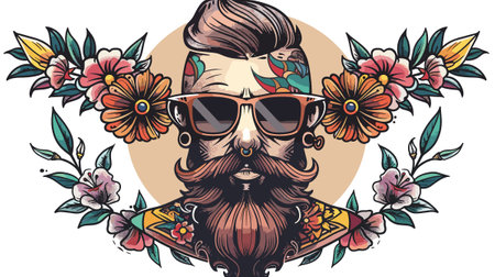 A man with a beard and sunglasses is the main subject of the image. The background features a flowery design, which adds a touch of nature and color to the scene. Scene is casual and relaxedのイラスト素材