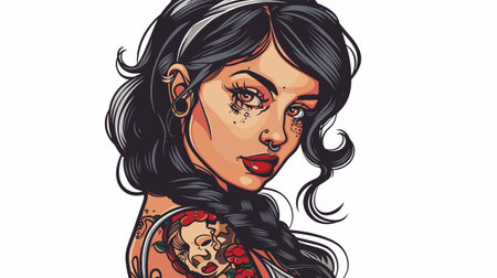 A woman with tattoos and piercings is shown in a black and white photo. The image has a vintage feel to it, and the woman's appearance is bold and edgyのイラスト素材