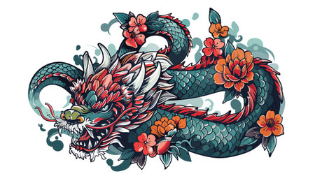 A dragon with red and orange scales and a flower on its tail. The dragon is surrounded by flowers and has a menacing look on its faceのイラスト素材