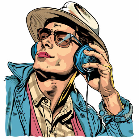 Vector illustration of a young woman in a hat and glasses with a camera.のイラスト素材