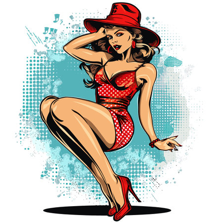 Sexy woman in red swimsuit and hat. Vector illustration.のイラスト素材